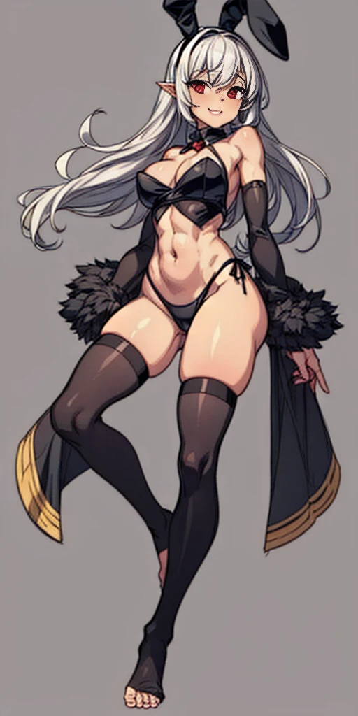 black bunny outfit, barefoot, bare hands, black sleeves, black stockings, happy face, red eyes, white bunny tail
