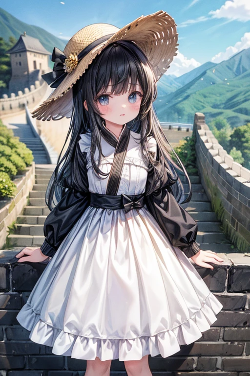 masterpiece, highest quality, High resolution, -yeld giblack eye、
Black Hair、White dress、Straw hat、In front of the Great Wall