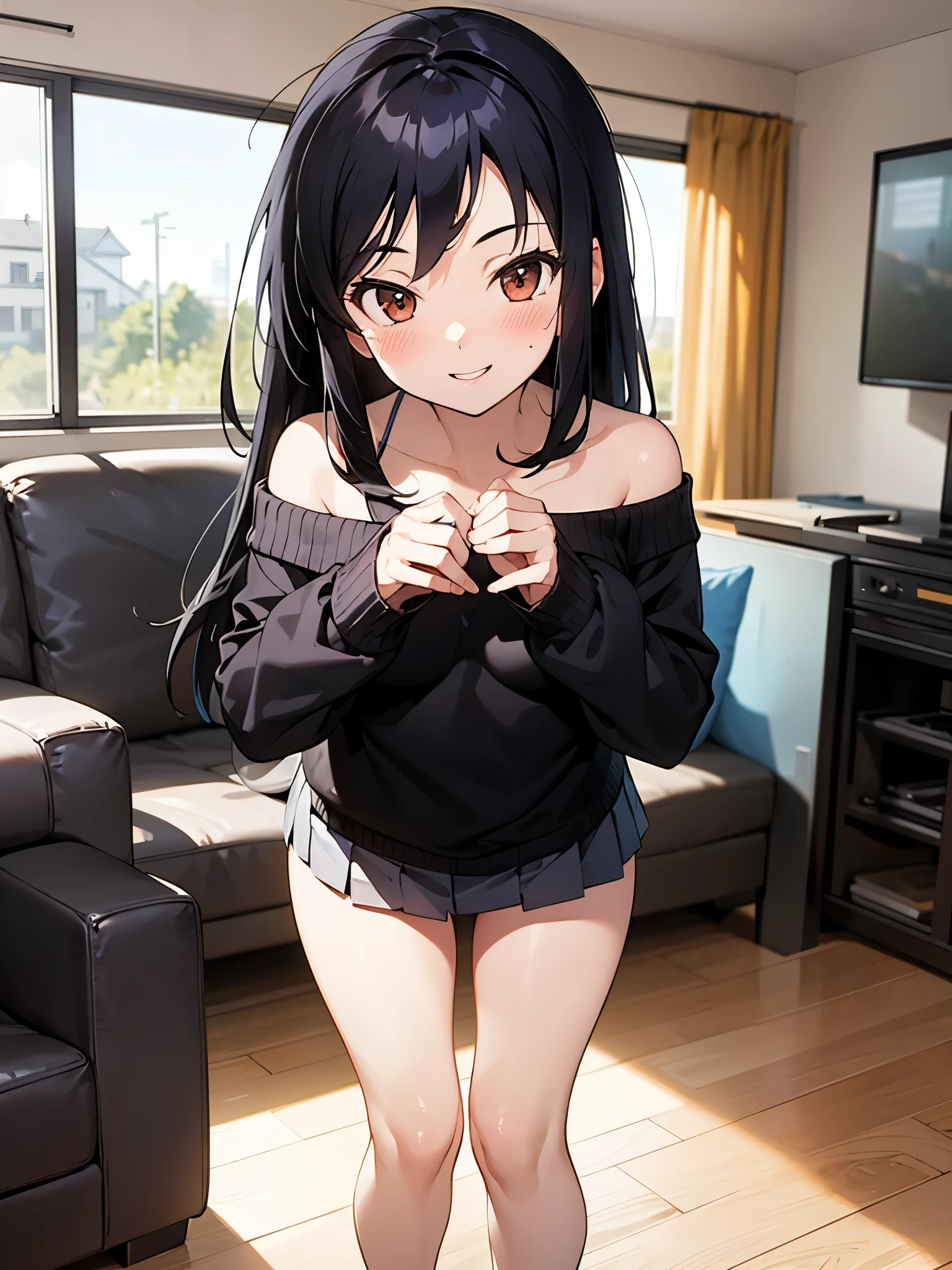 NSFW,One girl,sweater,Off the shoulder,Micro Mini Skirt,Small breasts,(Perfect hands),(Perfect Anatomy),(masterpiece),(highest quality),Embarrassed,smile,blush,Home,living room,Are standing,Leaning forward