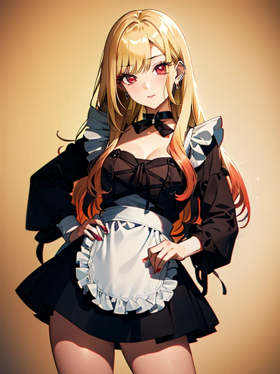 kitagawa marin, 1girl, blonde hair, long hair, multicolored hair, red eyes, jewelry, earrings, piercing, black choker, Maid、Medieval Europe、Cowboy Shot、UHD, retina, masterpiece, anatomically correct, textured skin, high details, best quality,