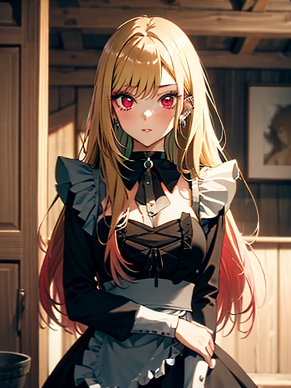 kitagawa marin, 1girl, blonde hair, long hair, multicolored hair, red eyes, jewelry, earrings, piercing, black choker, Maid、Medieval Europe、Cowboy Shot、UHD, retina, masterpiece, anatomically correct, textured skin, high details, best quality,