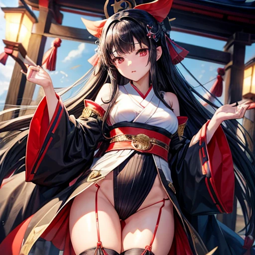 A black-haired woman wearing a shrine maiden outfit with slits in the legs　Spread your legs　Upper body fluttering　Have a revolver　Thigh-high boots