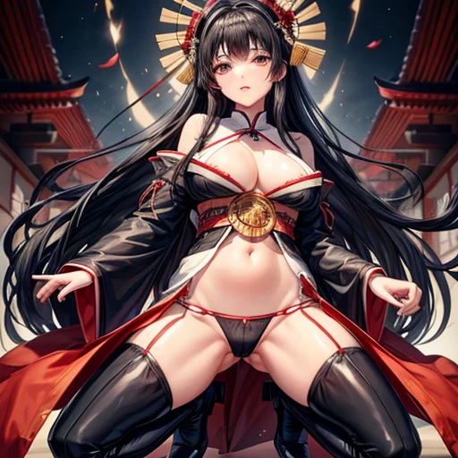 A black-haired woman wearing a shrine maiden outfit with slits in the legs Spread your legs Upper body fluttering Have a revolver Thigh-high boots