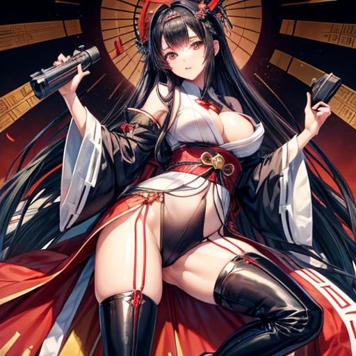 A black-haired woman wearing a shrine maiden outfit with slits in the legs Spread your legs Upper body fluttering Have a revolver Thigh-high boots