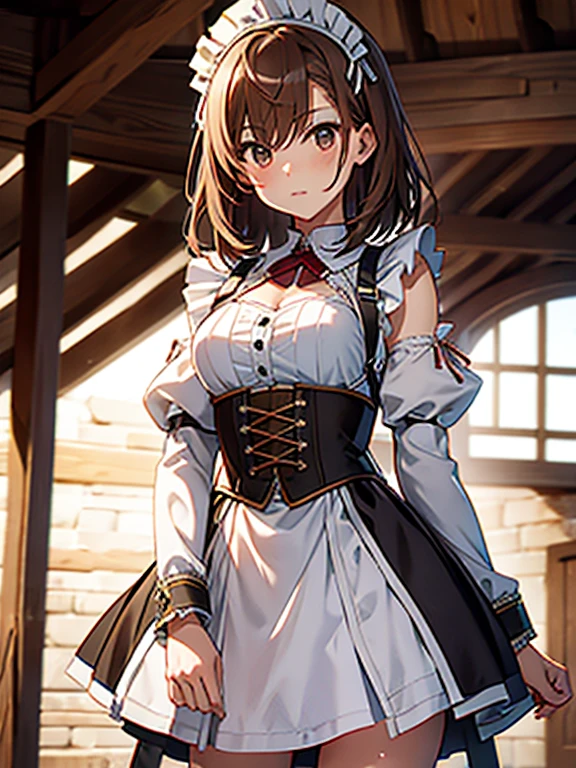 Misaka Mikoto、girl, brown hair, Maid、Medieval Europe、Cowboy Shot、UHD, retina, masterpiece, anatomically correct, textured skin, high details, best quality,
