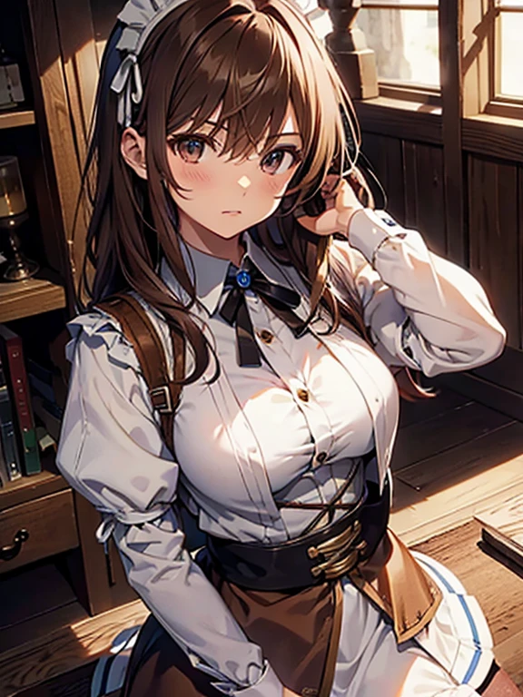 Misaka Mikoto、girl, brown hair, Maid、Medieval Europe、Cowboy Shot、UHD, retina, masterpiece, anatomically correct, textured skin, high details, best quality,