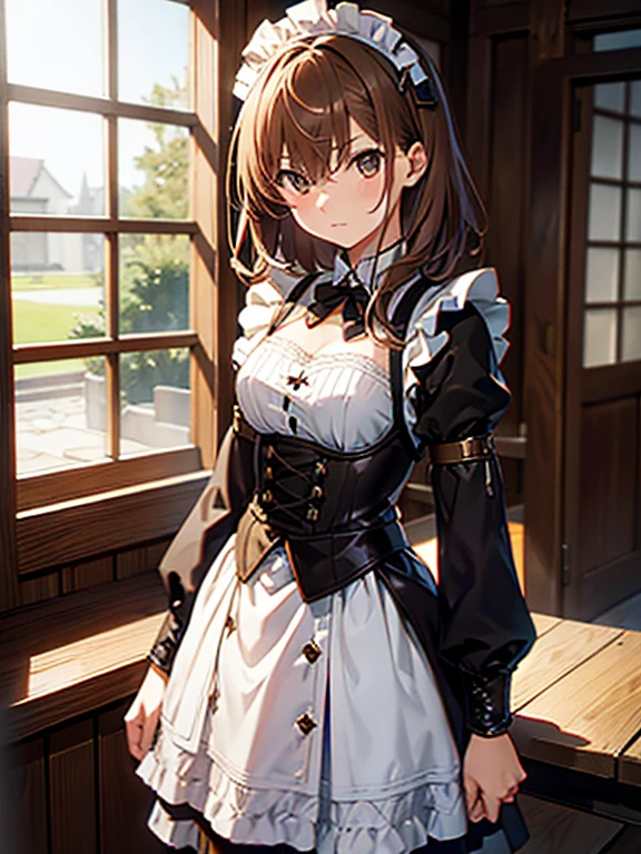 Misaka Mikoto、girl, brown hair, Maid、Medieval Europe、Cowboy Shot、UHD, retina, masterpiece, anatomically correct, textured skin, high details, best quality,