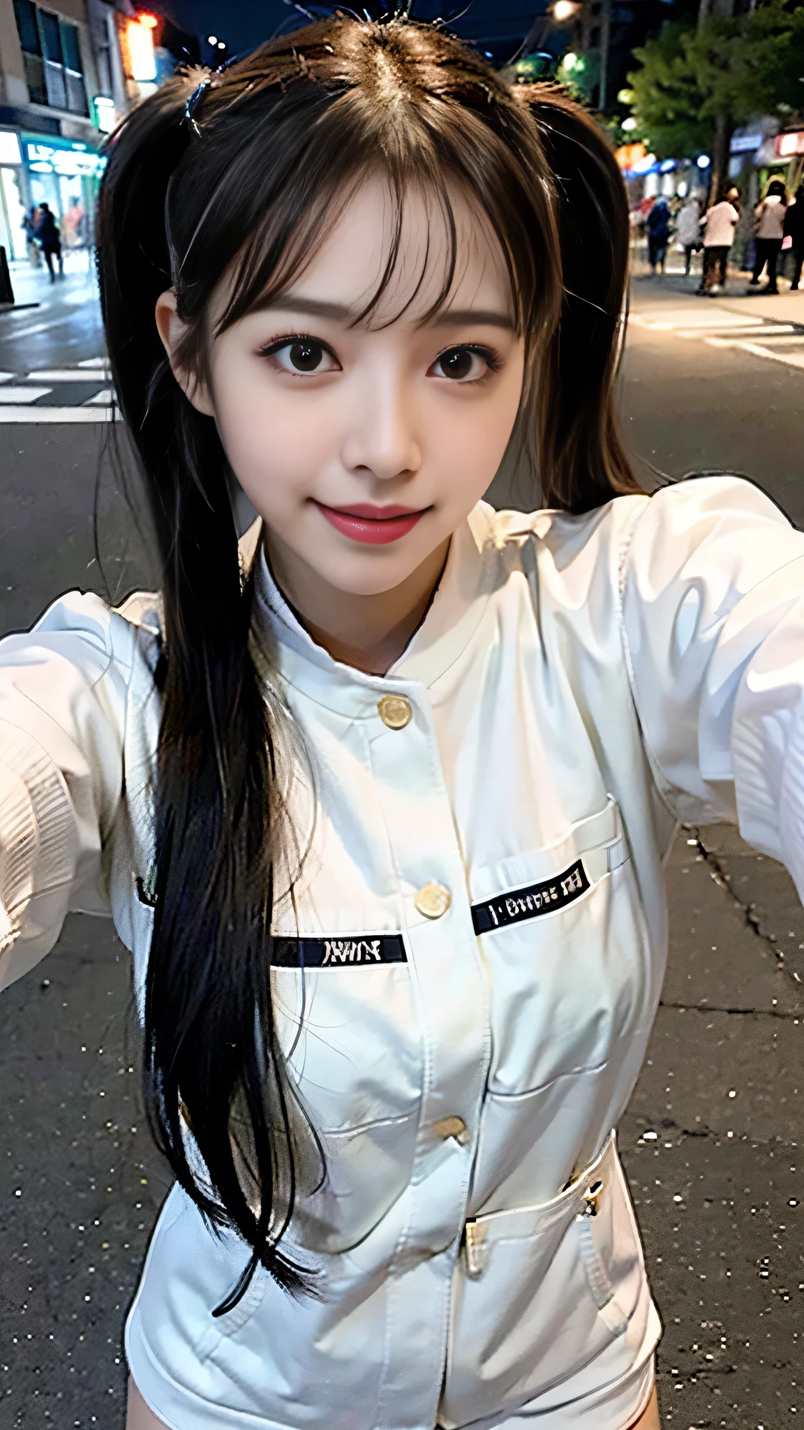 (Selfie:1.5)(Cute smile 1.6)Close-up shot、looking at viewer、18-year-old、Black Hair、With bangs、⦅twintail⦆、Street fashion、night、Streetscape