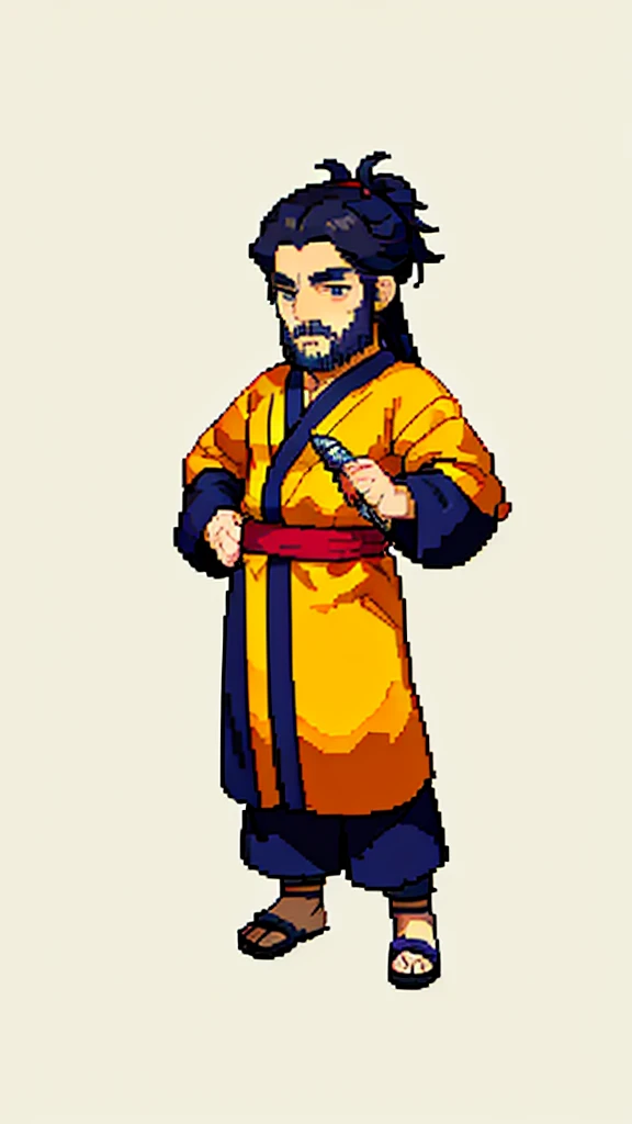 Old man in ancient Chinese costume、Wise Old Man、Looking into the camera、His hair is tied in a bun、Only one topknot、Long sleeve、Hanfu、Black Hair、Stand and pose、Pixel art、(masterpiece, highest quality, highest quality), pixel,pixel art,whole body,Characters in Romance of the Three Kingdoms、Transform、(beard)、Short Deformation、Old man with long beard