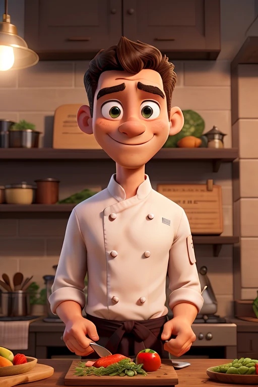 Homem ,chef de cozinha ((melhor qualidade)), rosto perfeito, ,olhos castanhos ,cabelo preto ,38 anos em uma cozinha,pele morena ,fazendo espaguete ao molho de tomate