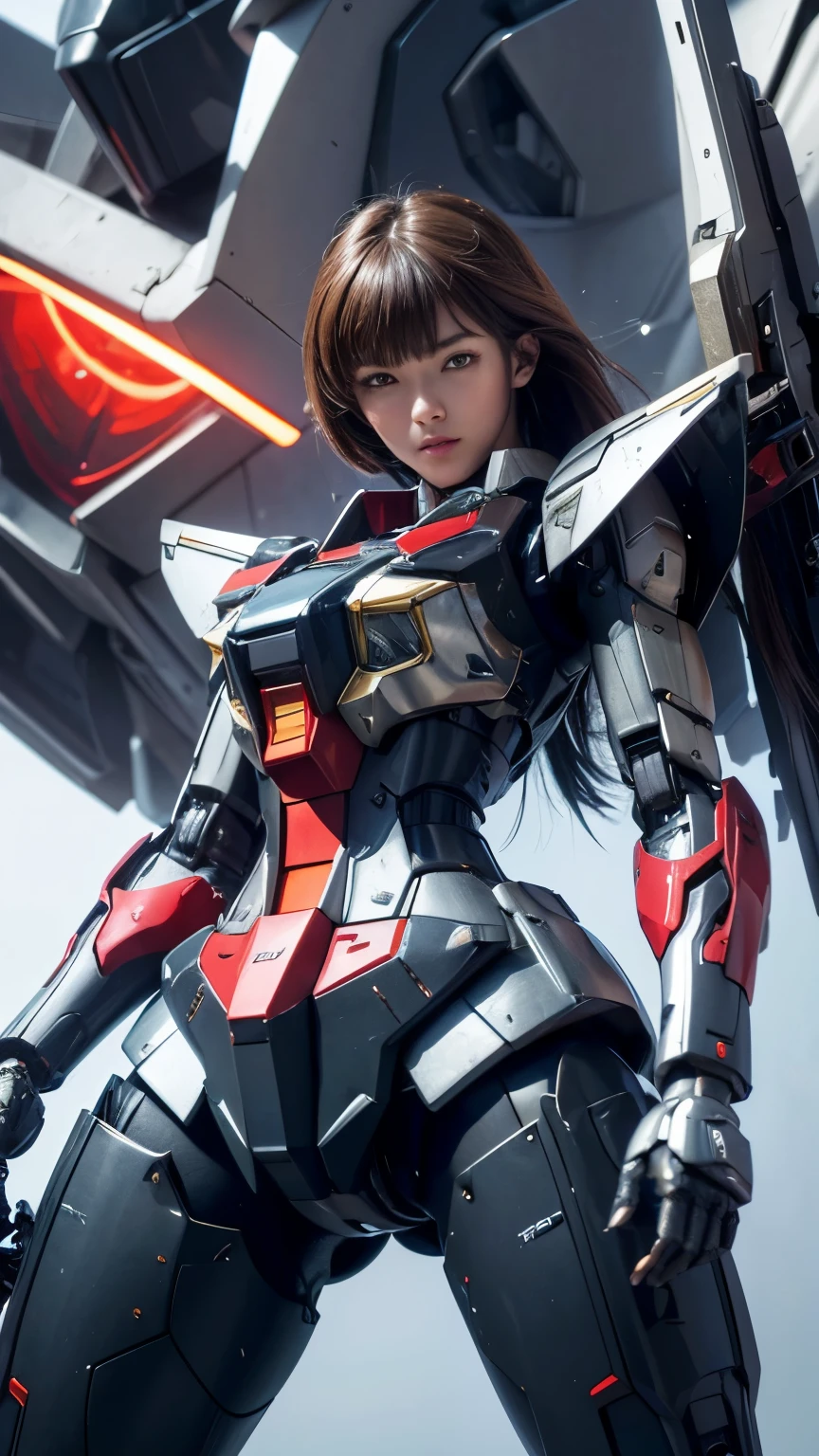 Textured skin, Super Detail, high details, High quality, Best Quality, hight resolution, 1080p, hard disk, Beautiful,(Gundam),beautiful cyborg woman,Mecha Cyborg Girl,Battle Mode,Girl with a Mecha Body,She wears a futuristic Gundam mecha,Fulll body Shot