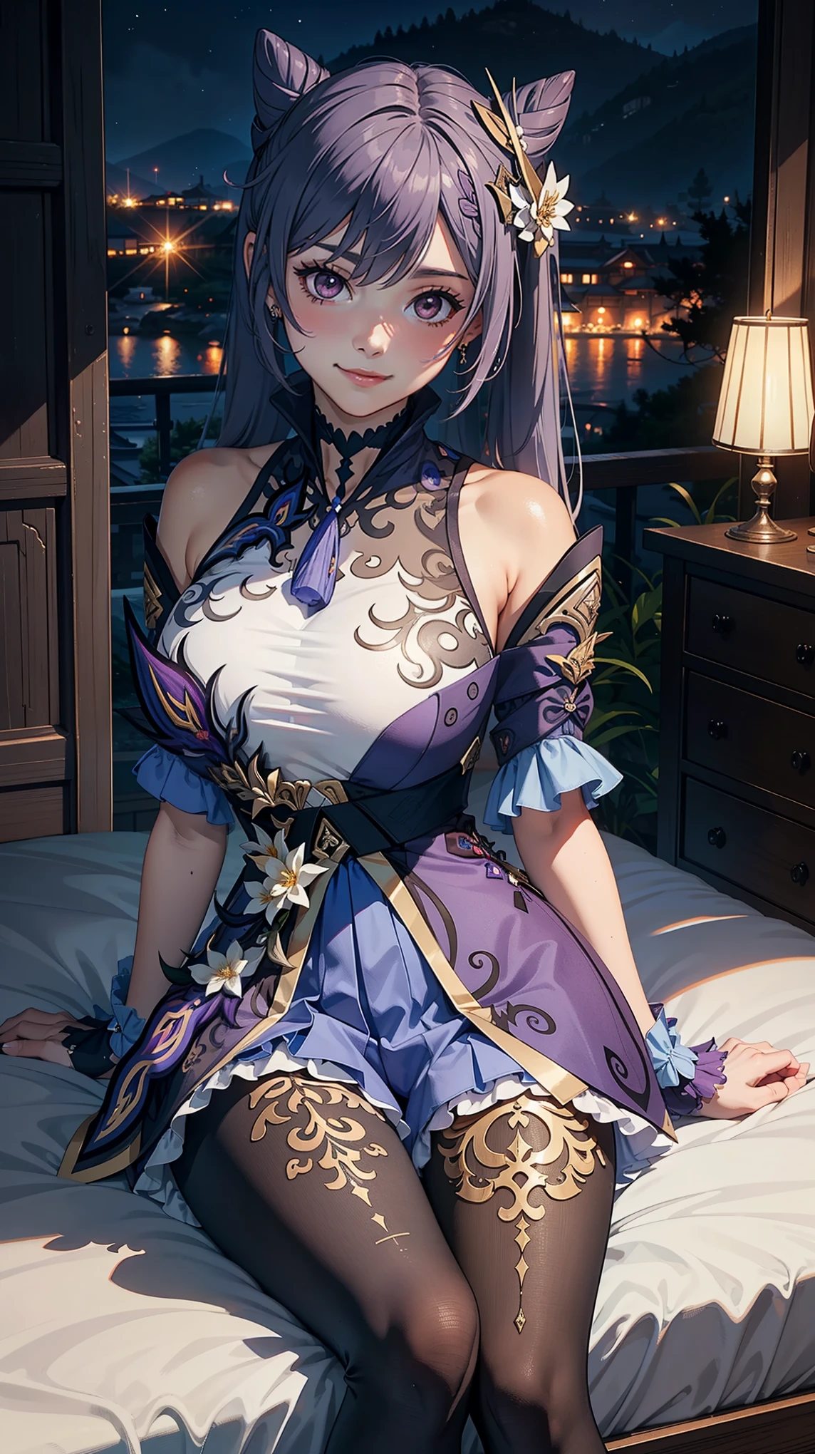 (Keqingdef), (narrow waist), blushing, official art, detail face, cg, sitting in bed, (expansive landscape photography:1.2),(night), huge breasts,smile, make up,
