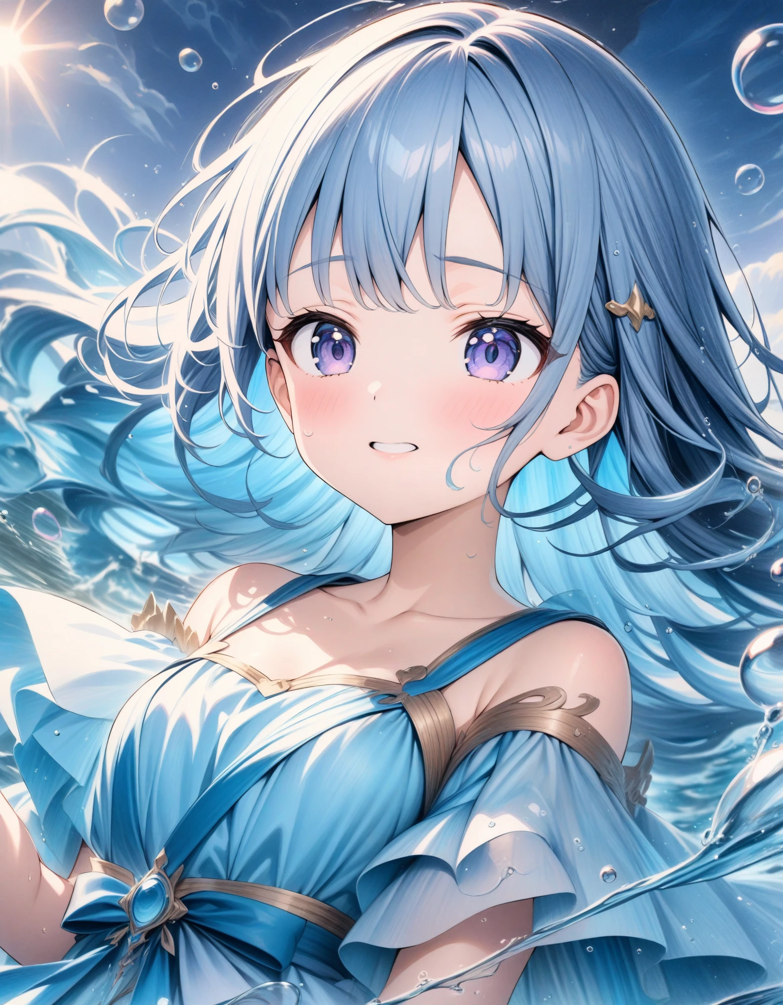 ((style:Colored pencil,pale colour)),(anime)、(masterpiece:1.2),atmospheric perspective,lens flare、Water powerhouse、Water Princess、Otherworldly fantasy、cute、Bubbles swirling around、Blue costume with a water theme、Light effects、Bubble effect、Blue Hair Color、Clean-cut features、Close-up、Shy laugh