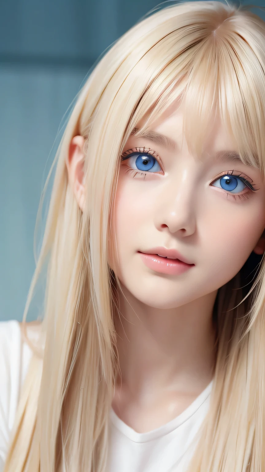 very beautiful blonde girl、Bangs falling over a very beautiful face、Beautiful bangs that cover the eyes、Big, bright, pale sky blue cute eyes、Very big eyes、Her face is hidden by her super long blonde hair、Sexy young woman with super long blonde shiny hair、Bright straight hair、Beautiful Face、Cheek gloss highlight、Very white, young and bright skin、Small Face Beauty、Round face、