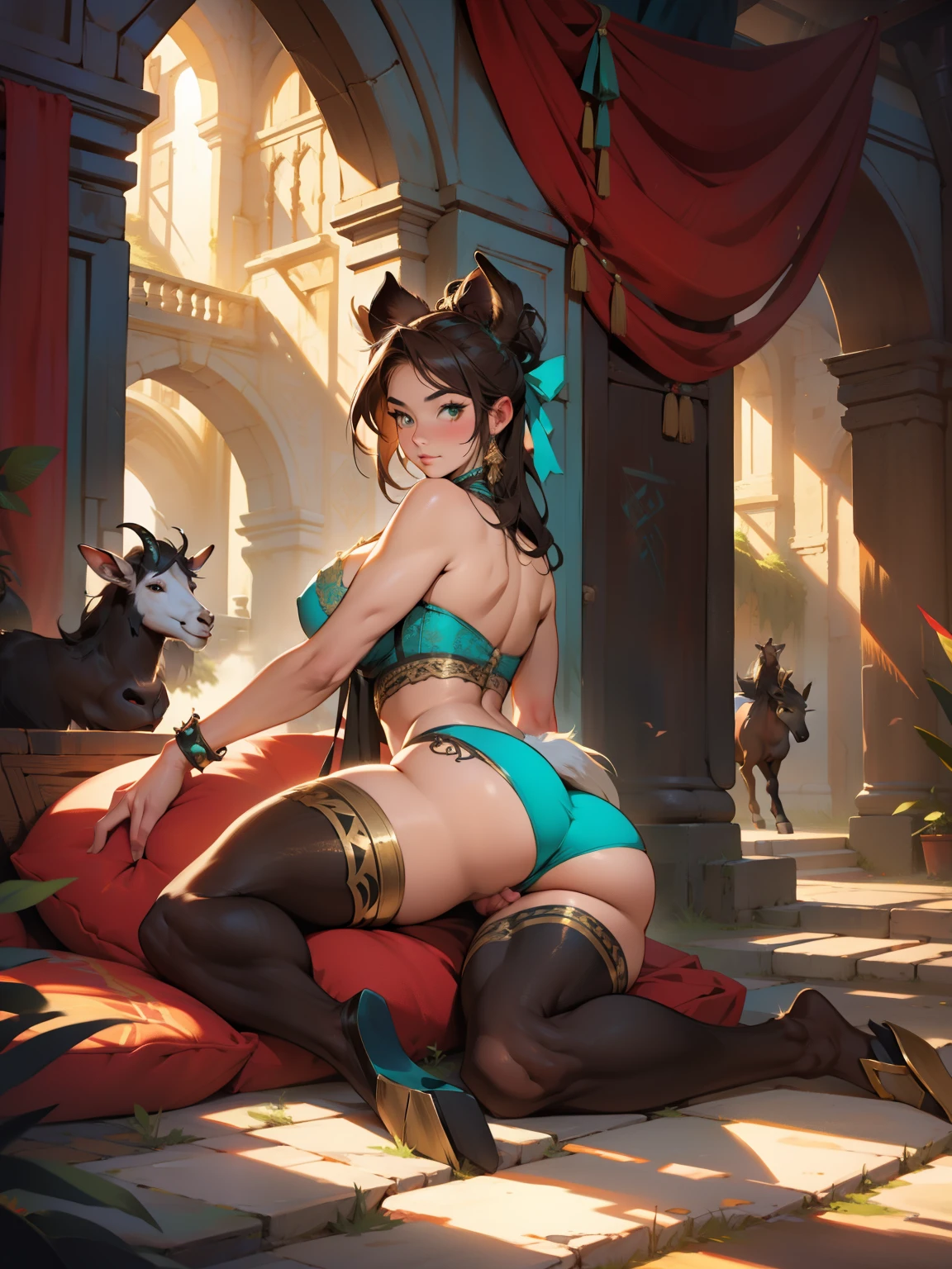 Masterpiece, realistic, best quality, full body, art by chunie, (by chunie:1), (an anthro goat), Female faun, Brunette updo hair, Wearing Teal satin bra, Wide waist, Huge breast, Wide hips, Chubby, Hooved legs, Horse legs, Lying, vagina on side, Spread legs, splits legs, legs up, wide pussy, come in pussy