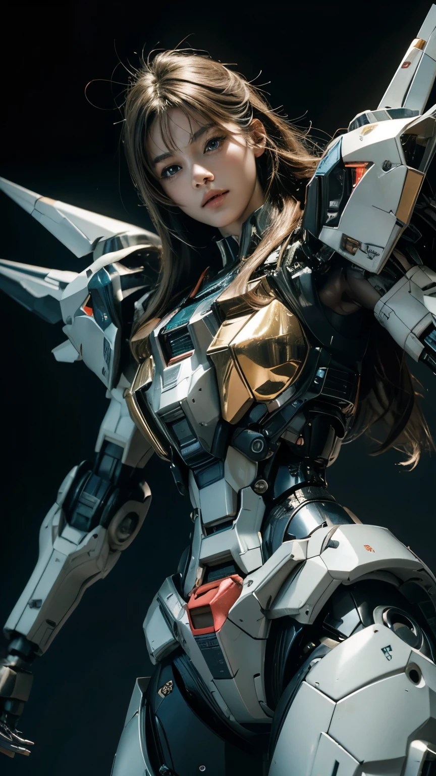 Textured skin, Super Detail, high details, High quality, Best Quality, hight resolution, 1080p, hard disk, Beautiful,(Gundam),beautiful cyborg woman,Mecha Cyborg Girl,Battle Mode,Girl with a Mecha Body,She wears a futuristic Gundam mecha,Fulll body Shot