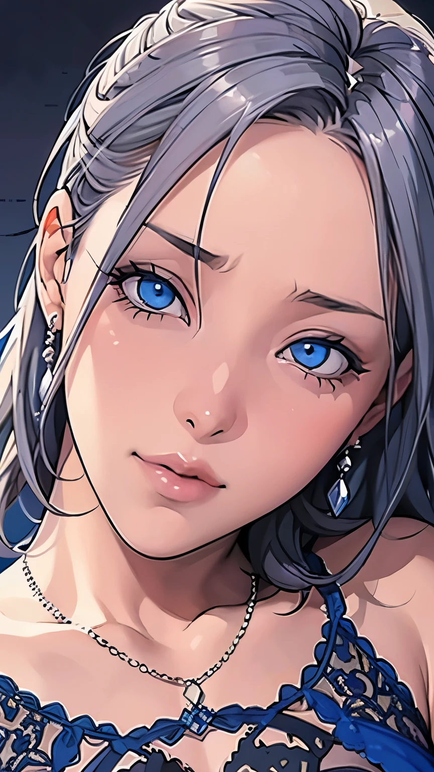 beautiful girl, Gray Hair, blue eyes,blue eyes,Black underwear with white lace, big 、In close range、Blue Earrings、blue necklace