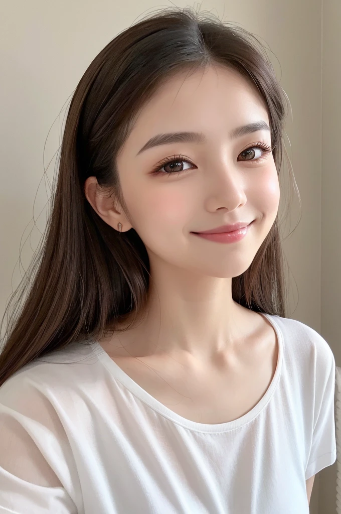 Please wear a friendly and welcoming smile。With a soft look、Have a warm smile and your eyes narrow slightly when you laugh.、Big, bright eyes、Please recreate large, round eyes with large, bright pupils.。Natural and healthy skin、Have clear, healthy skin with natural color、soft eyebrows、Please recreate natural, slightly arched, soft looking eyebrows.。Fluffy hairstyles、肩にかかる程度の長さで軽く内巻きにしたFluffy hairstylesを持ち、Simple and elegant makeup、Use natural makeup and natural pink lips.。Small, well-shaped nose、A small, well-balanced nose、A gentle and soft face、Please recreate a face with a soft, friendly look. 。Background is white。The outfit is a T-shirt that emphasizes the chest.。The charm that attracts men's attention。