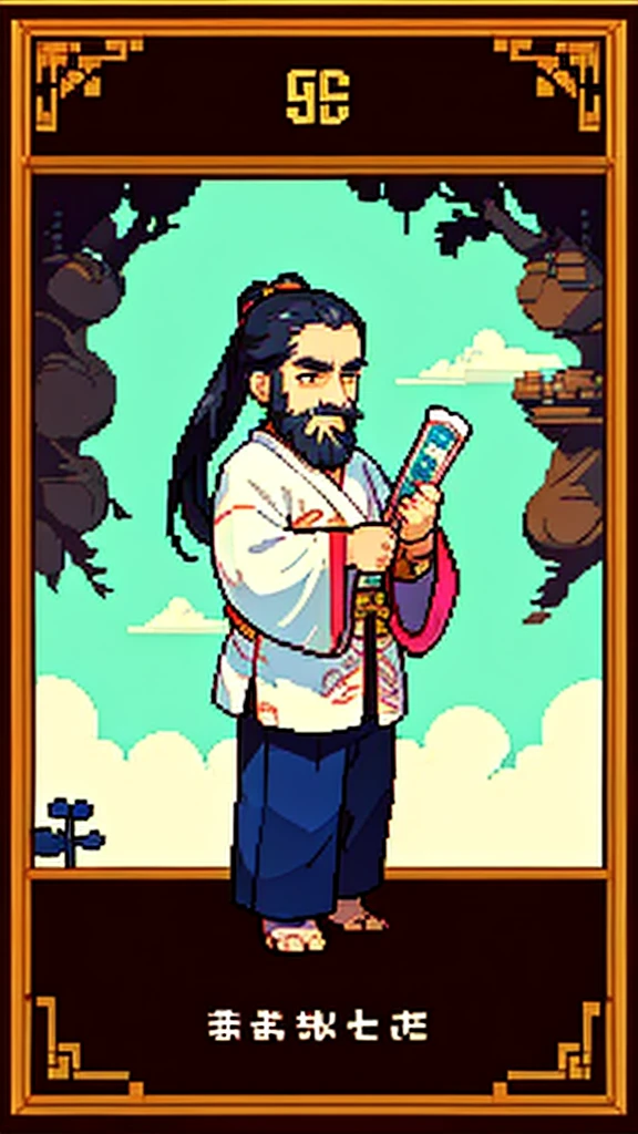 Old man in ancient Chinese costume、Wise Old Man、Looking into the camera、His hair is tied in a bun、Only one topknot、Long sleeve、Hanfu、Black Hair、Stand and pose、Pixel art、(masterpiece, highest quality, highest quality), pixel,pixel art,whole body,Characters in Romance of the Three Kingdoms、Transform、(beard)、Short Deformation、Old man with long beard