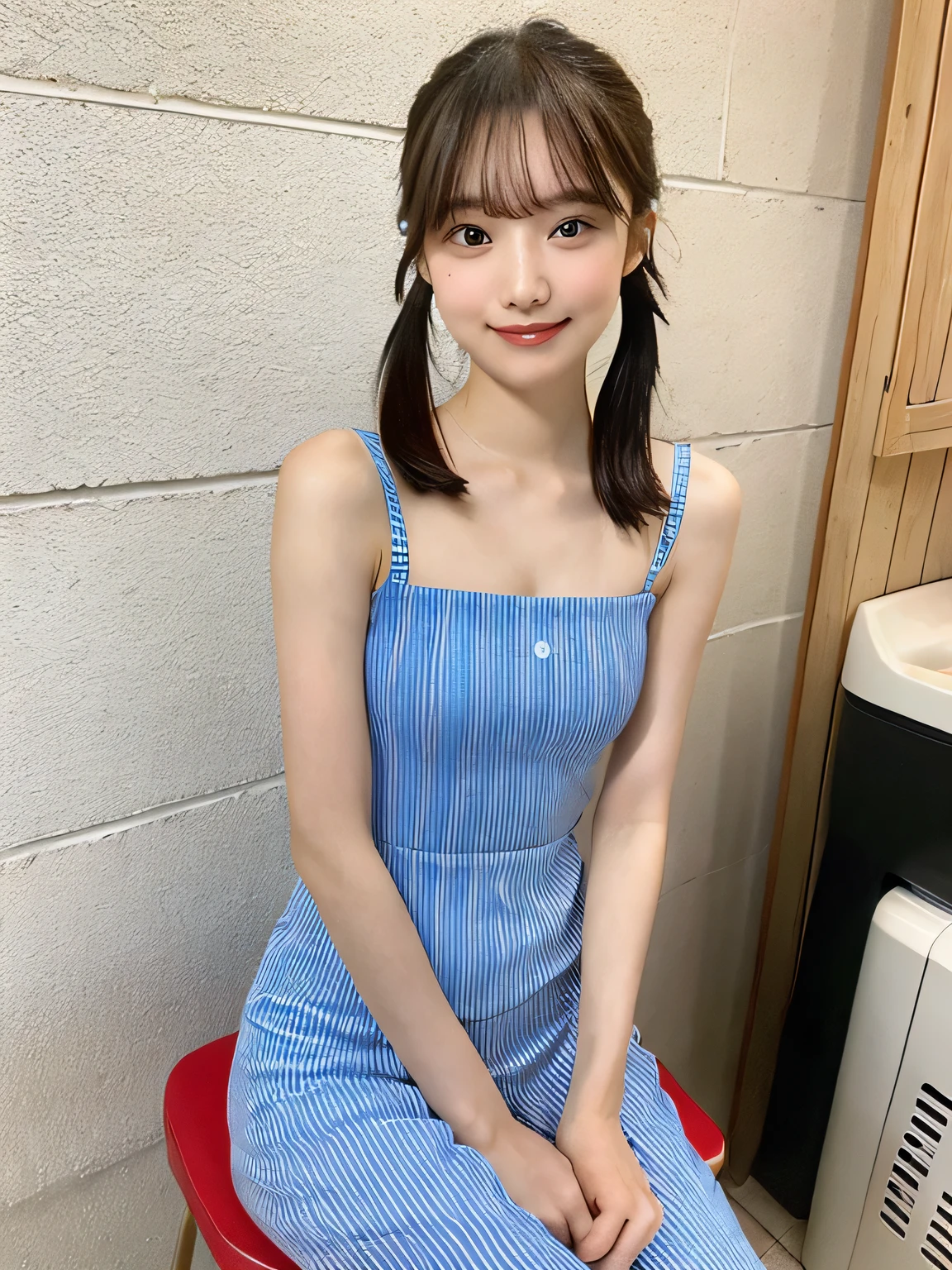 one person、13 years old、Full body photo、slender、woman、White drool coming out of the mouth、smile、Short Twin Tails、Stick your butt out、 Fair skin, messy hair, super cute、Soft and Face、8K resolution、Surreal、Ultra high definition、 A-cup small breasts((Highest resolution、8k、masterpiece:1.3))、Ultra-fine face、Ultra Fine Lips、Beautiful Eyes、double eyelid,Light blue wall、Red striped bandeau dress:1.1、Thighs、thin,Thighs are visible、Shapely small breasts、Sitting in a chair