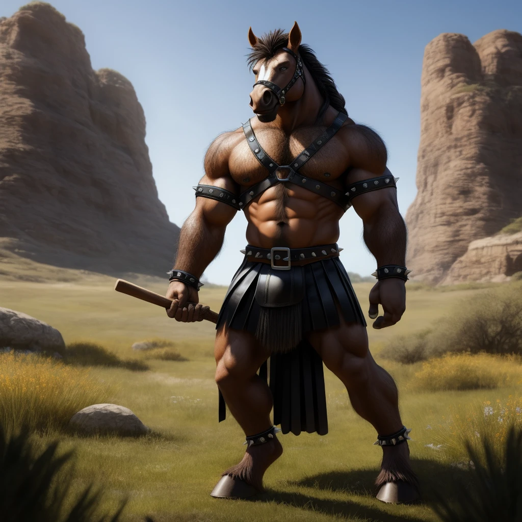Furry, Antro, anthropomorphic, Solo, Horse, Equinene, loong horse tail, (furry Brown ocre), tribal tattoo arm, Male Bulge, Nose Ring, Conk, Ring Noise, Narigon, Noise Piercong, Piercing noise, Big Balls, Big Ass, Wearing a Black Leather Harness, Arnes Negro, Black bicep leather bracelet, Leather Buckle Armband, Gladiator Clothing, Leather fringe skirt, black leather warrior skirt, thread thong, Black Belt, Spiked Collar, Spiked Wristbands, (Leather Bicep Arm Strap), man pendant, Spiked Anklet, Hooves, Hairy, Full Body, Braided Mane, Hairy Torso, Seen Standing, Upright Standing Pose, Blue Pupil Eyes, High Resolution, 4K Detailed, Good Lighting, Beautiful, Blue Sky Background with Green Grass Meadow, black hair, photorealistic, Furry, Gladiator