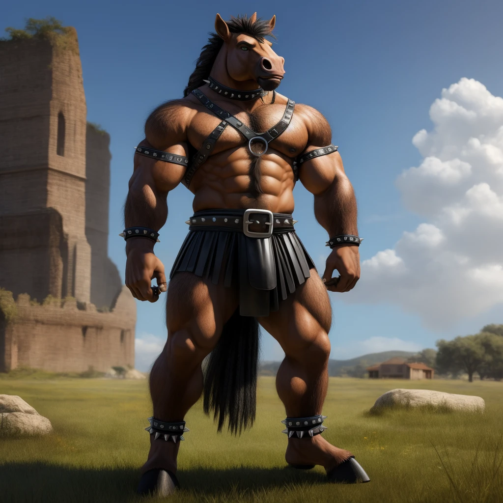 Furry, Antro, anthropomorphic, Solo, Horse, Equinene, loong horse tail, (furry Brown ocre), tribal tattoo arm, Male Bulge, Nose Ring, Conk, Ring Noise, Narigon, Noise Piercong, Piercing noise, Big , Big Ass, ring a Black Leather Harness, Arnes Negro, Bbicep leather bracelet, Leather Buckle Armband, Gladiator Clothing, Leather fringe skirt, black leather warrior skirt, thread thong, Black Belt, Spiked Collar, Spiked Wristbands, (Leather Bicep Arm Strap), man pendant, Spiked Anklet, Hooves, Hairy, Full Body, Braided Mane, Hairy Torso, Seen Standing, Upright Standing Pose, Blue Pupil Eyes, High Resolution, 4K Detailed, Good Lighting, Beautiful, Blue Sky Background with Green Grass Meadow, black hair, photorealistic, Furry, Gladiator