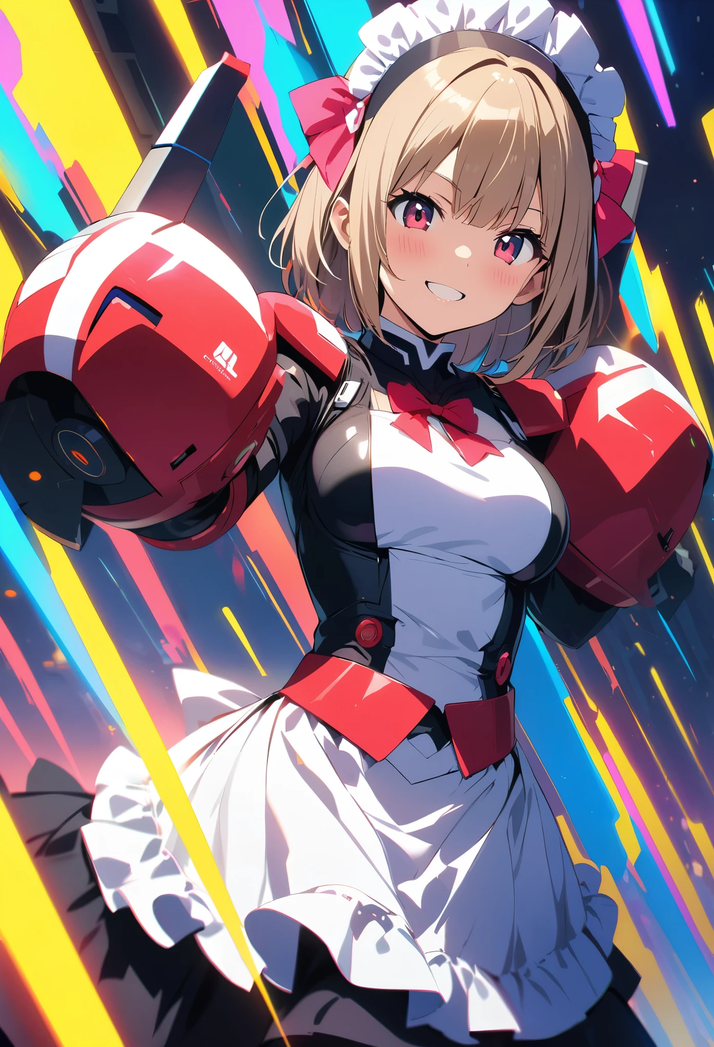 (highest quality:1.2, 4K, 8k, Studio Anime, Very detailed, up to date, Vibrant, High detail, High Contrast, masterpiece:1.2, highest quality, Best aesthetics), (((1 girl))), Stand and pose, Maid, Maid服, Cyber Suit:1.2, サイバーパンクMaid服:1.4, Bodysuits, Headdress, Frills, Mecha Dress Suit, Blushing:1.2, smile, Dynamic Angle, Dutch Angle:1.3, Friendly atmosphere, Put your hands up, Fun and young々Shii々Cool vibe, Precision and focus, Striking contrast,