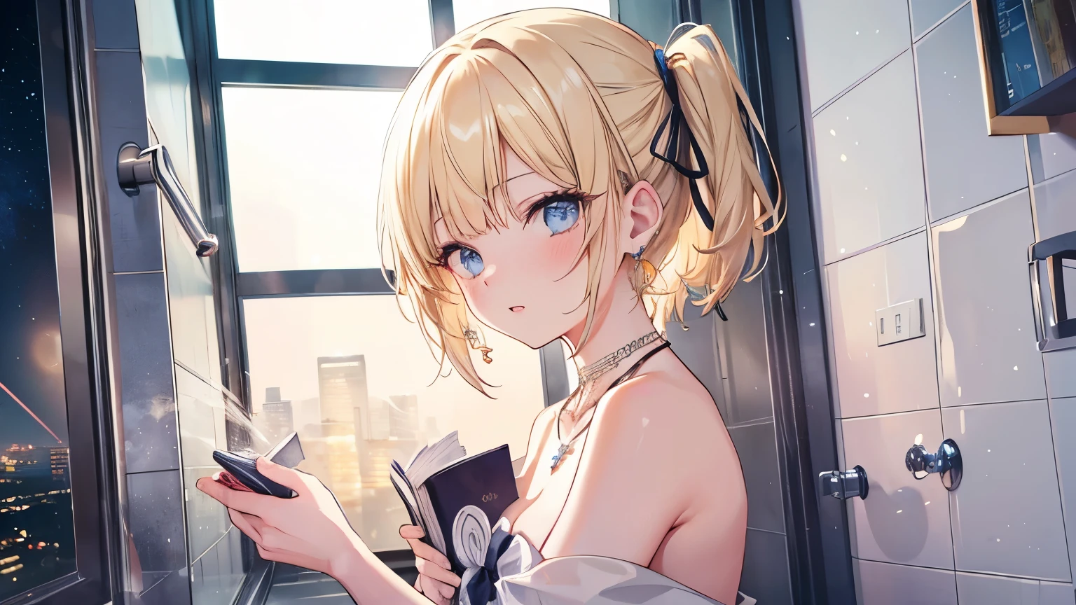 Absurd, Super detailed,Bright colors, Very beautiful and detailed anime faces and eye,indoor, Gazing at the audience,(You can see the starry sky from the window:1.2),(Kind Face:1.4), ribbon, window,Bathroom、Wash your body in the shower,Chair,Hide the box with steam,Blur,close ~ eye,Open your mouth,Upper body naked、whole body、 From the back, Feet are outside the frame, Written boundary depth, Age 25,short hair, 20-year-old women, Asymmetrical bangs, Blonde hair in short pigtails, Shiny Hair, Delicate and beautiful face, blush、blue eye, White skin, Valletta, Earrings, necklace,Night view,Reading a book