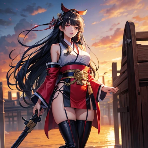 A black-haired woman wearing a shrine maiden outfit with slits in the legs Has a revolver-type handgun Thigh-high boots