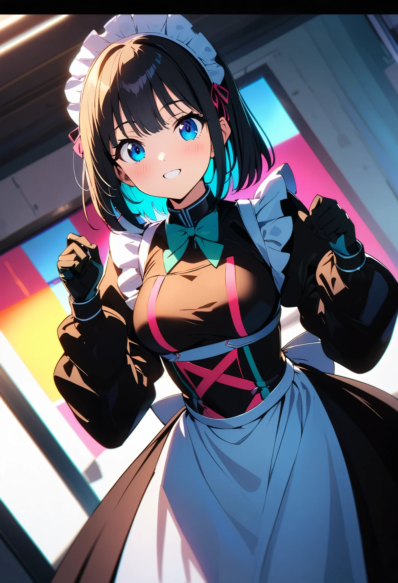 (highest quality:1.2, 4K, 8k, Studio Anime, Very detailed, up to date, Vibrant, High detail, High Contrast, masterpiece:1.2, highest quality, Best aesthetics), (((1 girl))), Stand and pose, Maid, Maid服, Cyber Suit:1.2, サイバーパンクMaid服:1.4, Bodysuits, Headdress, Frills, Mecha Dress Suit, Blushing:1.2, smile, Dynamic Angle, Dutch Angle:1.3, Friendly atmosphere, Put your hands up, Fun and young々Shii々Cool vibe, Precision and focus, Striking contrast,