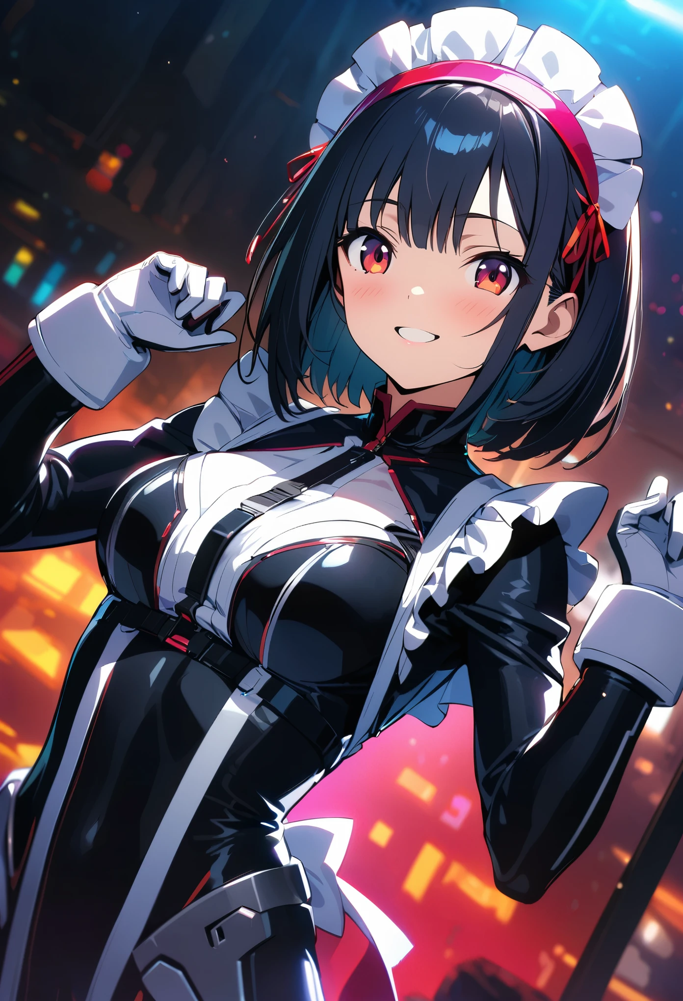 (highest quality:1.2, 4K, 8k, Studio Anime, Very detailed, up to date, Vibrant, High detail, High Contrast, masterpiece:1.2, highest quality, Best aesthetics), (((1 girl))), Stand and pose, Maid, Maid服, Cyber Suit:1.2, サイバーパンクMaid服:1.4, Bodysuits, Headdress, Frills, Mecha Dress Suit, Blushing:1.2, smile, Dynamic Angle, Dutch Angle:1.3, Friendly atmosphere, Put your hands up, Fun and young々Shii々Cool vibe, Precision and focus, Striking contrast,