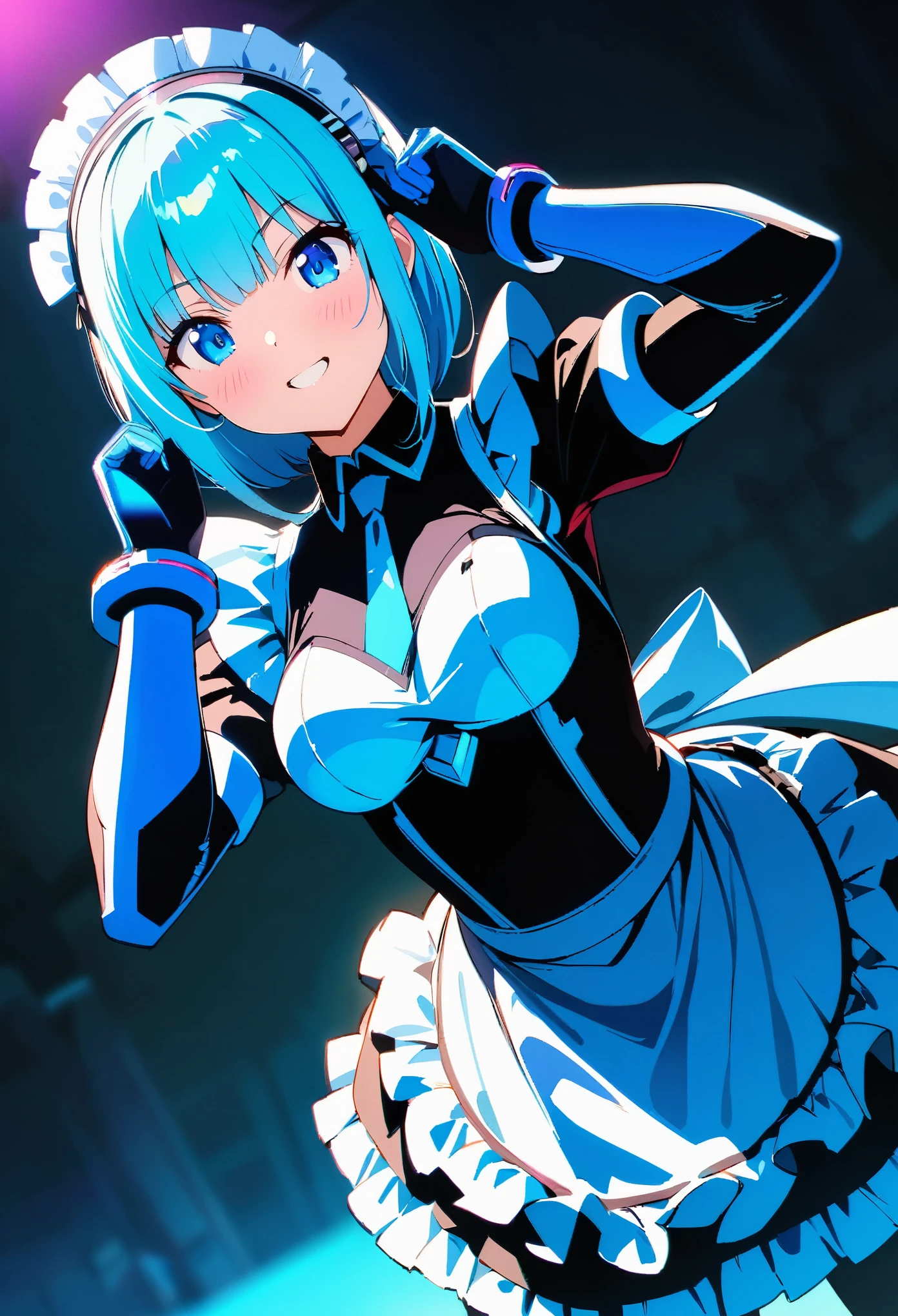 (highest quality:1.2, 4K, 8k, Studio Anime, Very detailed, up to date, Vibrant, High detail, High Contrast, masterpiece:1.2, highest quality, Best aesthetics), (((1 girl))), Stand and pose, Maid, Maid服, Cyber Suit:1.2, サイバーパンクMaid服:1.4, Bodysuits, Headdress, Frills, Mecha Dress Suit, Blushing:1.2, smile, Dynamic Angle, Dutch Angle:1.3, Friendly atmosphere, Put your hands up, Fun and young々Shii々Cool vibe, Precision and focus, Striking contrast,