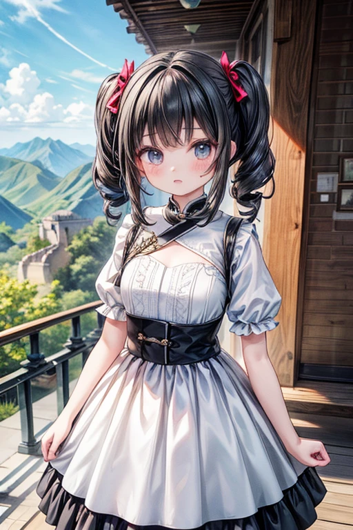 masterpiece, highest quality, High resolution, 、black eye、
Black Hair、Drill Hair、Twin Drill、White dress、In front of the Great Wall