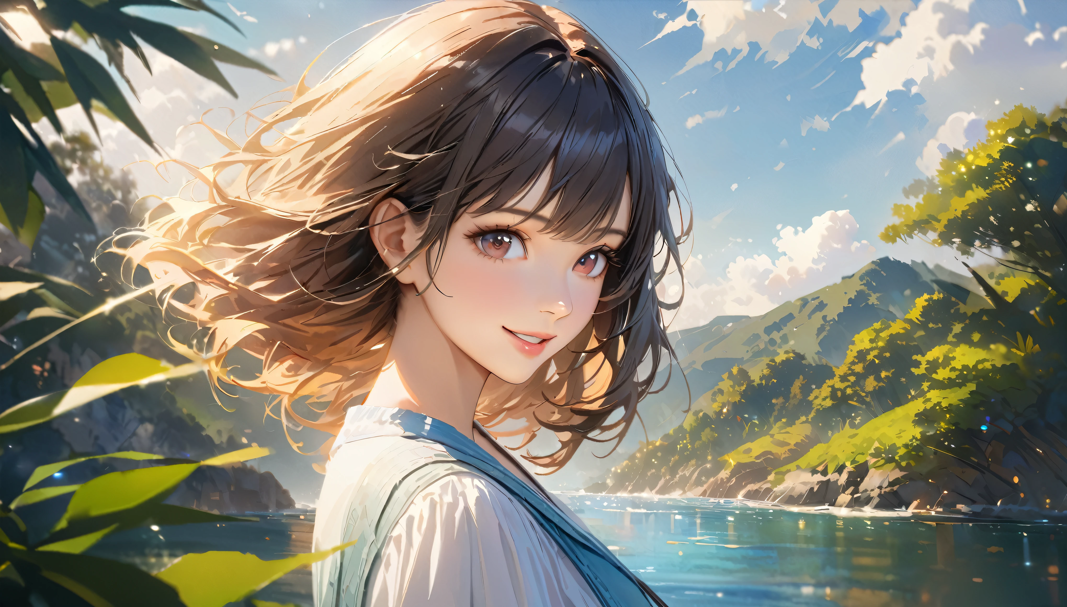 Sparkling ocean and tranquil coastline, Sunny sky with fluffy white clouds, Green trees along the coast々々, Pleasant sea breeze. shape,Young woman with dark hair, smile,highest quality, 4K, 8k, High resolution, masterpiece:1.2, Very detailed, Realistic:1.37, High resolution, 超High resolution, Studio Lighting, Ultra-fine painting, Sharp focus, Physically Based Rendering, Very detailed explanation, Professional, Vibrant colors, Bokeh, Portraiture, landscape, photograph. Blue dominates the color palette, Natural light scene