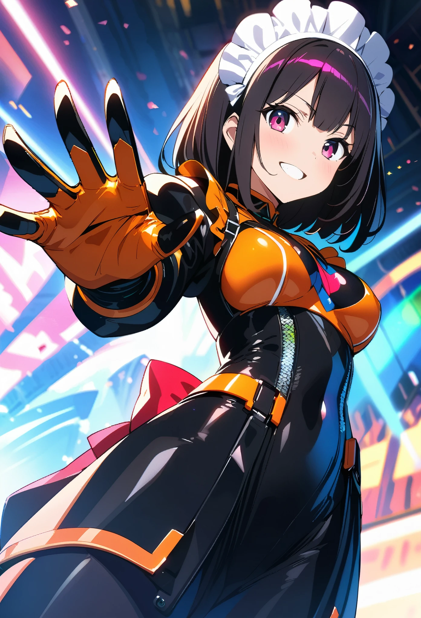 (highest quality:1.2, 4K, 8k, Studio Anime, Very detailed, up to date, Vibrant, High detail, High Contrast, masterpiece:1.2, highest quality, Best aesthetics), (((1 girl))), Stand and pose, Maid, Maid服, Cyber Suit:1.2, サイバーパンクMaid服:1.4, Bodysuits, Headdress, Frills, Mecha Dress Suit, Blushing:1.2, smile, Dynamic Angle, Dutch Angle:1.3, Friendly atmosphere, Put your hands up, Fun and young々Shii々Cool vibe, Precision and focus, Striking contrast,
