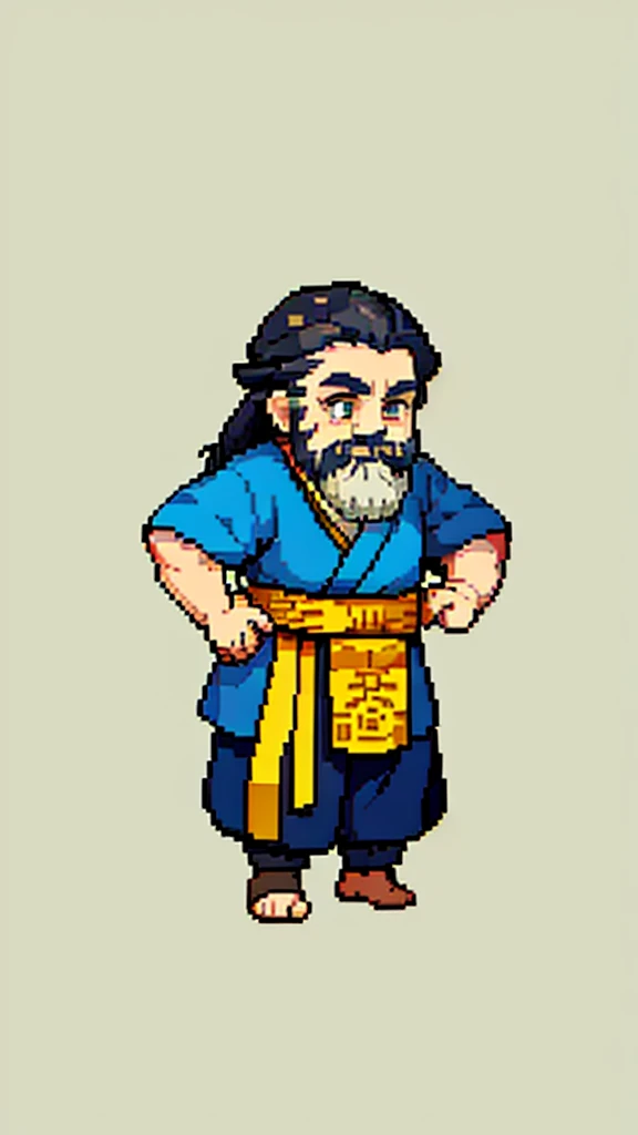 Old man in ancient Chinese costume、Wise Old Man、Looking into the camera、His hair is tied in a bun、Only one topknot、Long sleeve、Hanfu、Black Hair、Stand and pose、Pixel art、(masterpiece, highest quality, highest quality), pixel,pixel art,whole body,Characters in Romance of the Three Kingdoms、Transform、(beard)、Short Deformation、Old man with long beard