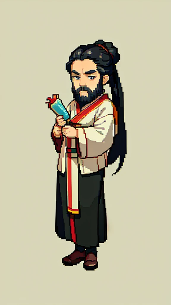 Old man in ancient Chinese costume、Wise Old Man、Looking into the camera、His hair is tied in a bun、Only one topknot、Long sleeve、Hanfu、Black Hair、Stand and pose、Pixel art、(masterpiece, highest quality, highest quality), pixel,pixel art,whole body,Characters in Romance of the Three Kingdoms、Transform、(beard)、Short Deformation、Old man with long beard