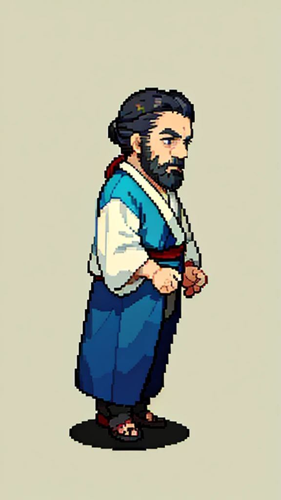 Old man in ancient Chinese costume、Wise Old Man、Looking into the camera、His hair is tied in a bun、Only one topknot、Long sleeve、Hanfu、Black Hair、Stand and pose、Pixel art、(masterpiece, highest quality, highest quality), pixel,pixel art,whole body,Characters in Romance of the Three Kingdoms、Transform、(beard)、Short Deformation、Old man with long beard