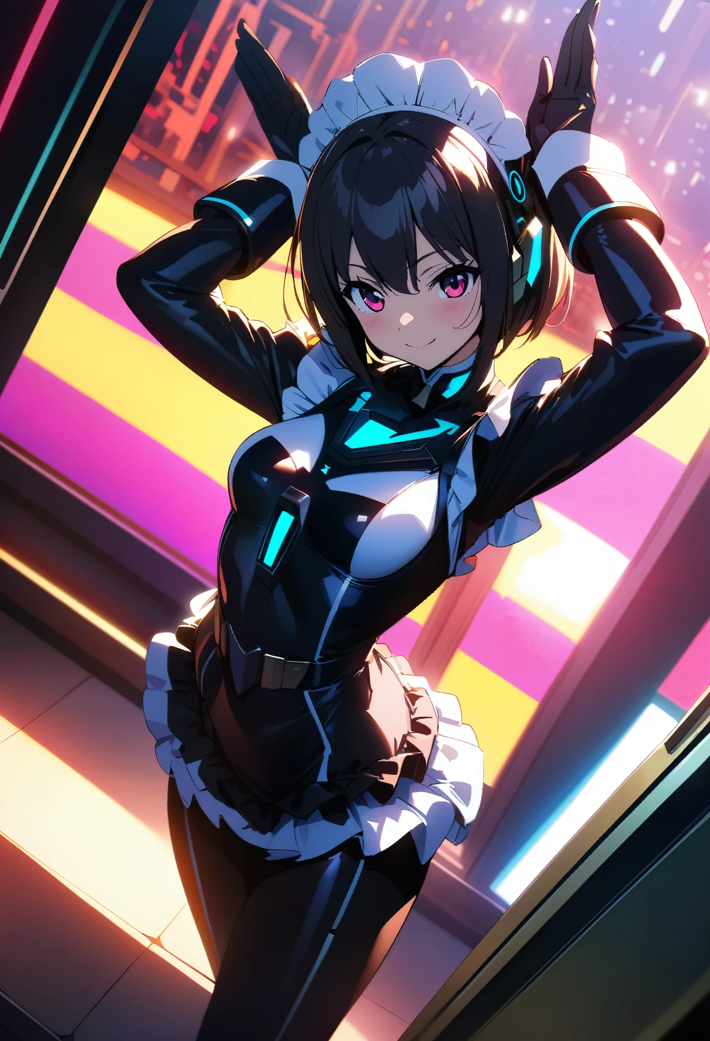 (highest quality:1.2, 4K, 8k, Studio Anime, Very detailed, up to date, Vibrant, High detail, High Contrast, masterpiece:1.2, highest quality, Best aesthetics), (((1 girl))), Stand and pose, Maid, Maid服, Cyber Suit:1.2, サイバーパンクMaid服:1.4, Bodysuits, Headdress, Frills, Mecha Dress Suit, Blushing:1.2, smile, Dynamic Angle, Dutch Angle:1.3, Friendly atmosphere, Put your hands up, Fun and young々Shii々Cool vibe, Precision and focus, Striking contrast,