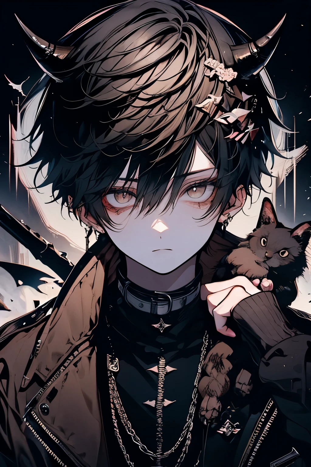 claw pose、A fluffy bob with a single horn on the head、Light brown hair, brown eyes, cool clothes, a dark and scary look