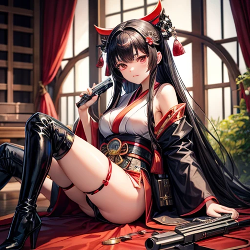 A black-haired woman wearing a shrine maiden outfit with slits in the legs　　1. Possess a revolver-type handgun.5　Thigh-high boots