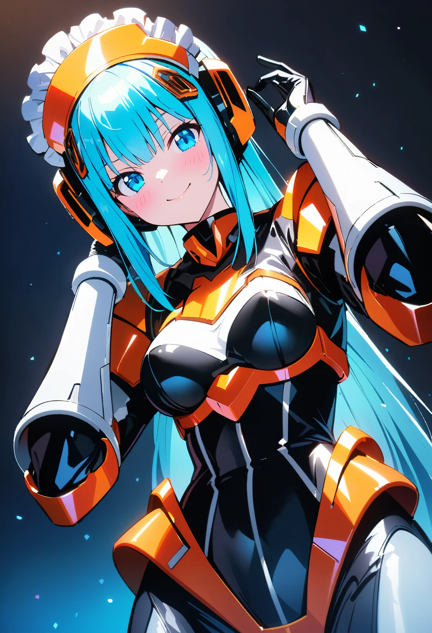 (highest quality:1.2, 4K, 8k, Studio Anime, Very detailed, up to date, Vibrant, High detail, High Contrast, masterpiece:1.2, highest quality, Best aesthetics), (((1 girl))), Stand and pose, Maid, Maid服, Cyber Suit:1.2, サイバーパンクMaid服:1.4, Bodysuits, Headdress, Frills, Mecha Dress Suit, Blushing:1.2, smile, Dynamic Angle, Dutch Angle:1.3, Friendly atmosphere, Put your hands up, Fun and young々Shii々Cool vibe, Precision and focus, Striking contrast,