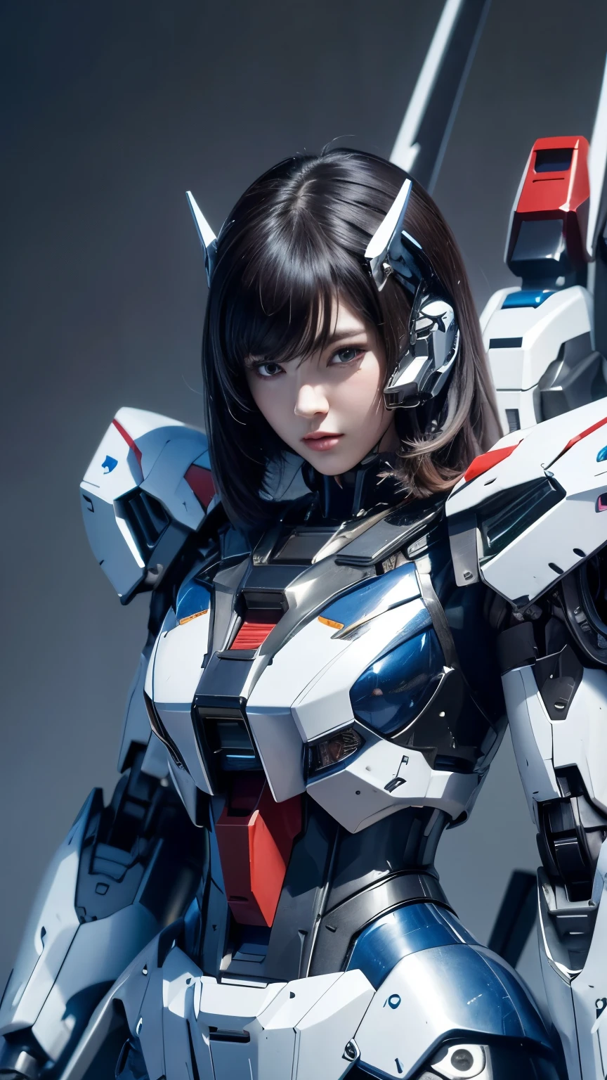 Textured skin, Super Detail, high details, High quality, Best Quality, hight resolution, 1080p, hard disk, Beautiful,(Gundam),beautiful cyborg woman,Mecha Cyborg Girl,Battle Mode,Girl with a Mecha Body,She wears a futuristic Gundam mecha