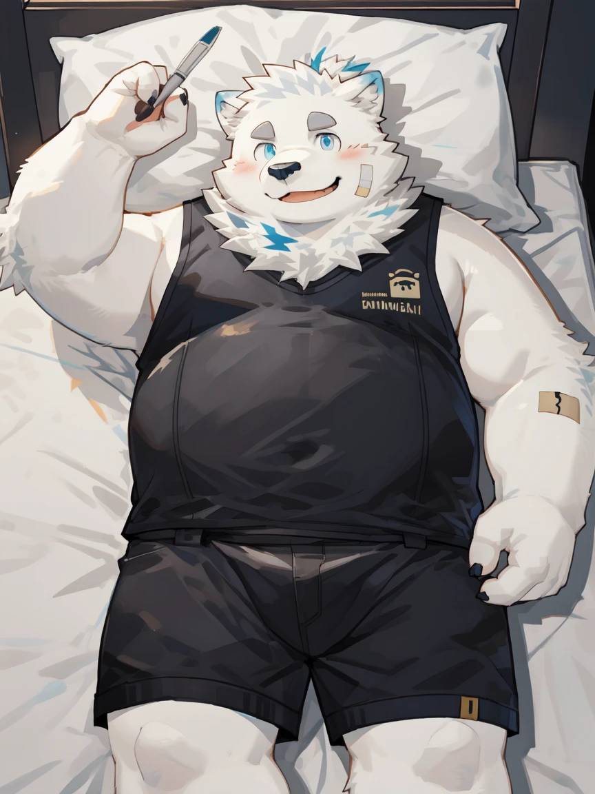 yohack, solo,canid, mammal,(chubby), ((Chubby)), white_body,furry, White fur, (blue eyes:1.2), band-aid, Handmade, Smile, blush, Solid,((overweight)), (lying on the bed, on the bed:1.2), in, High Angle View, ((From milkytiger1145)), ((by 96panda)) ,(High Detail), (high quality),(high resolution),belly,black tank top,blue shirt,black shorts,kind_smile