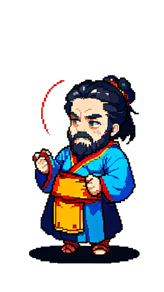 Old man in ancient Chinese costume、Wise Old Man、Looking into the camera、His hair is tied in a bun、Only one topknot、Long sleeve、Hanfu、Black Hair、Stand and pose、Pixel art、(masterpiece, highest quality, highest quality), pixel,pixel art,whole body,Characters in Romance of the Three Kingdoms、Transform、(beard)、Short Deformation、Old man with long beard