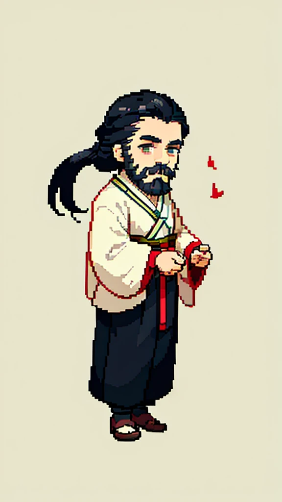 Old man in ancient Chinese costume、Wise Old Man、Looking into the camera、His hair is tied in a bun、Only one topknot、Long sleeve、Hanfu、Black Hair、Stand and pose、Pixel art、(masterpiece, highest quality, highest quality), pixel,pixel art,whole body,Characters in Romance of the Three Kingdoms、Transform、(beard)、Short Deformation、Old man with long beard
