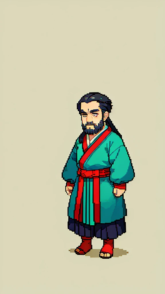 Old man in ancient Chinese costume、Wise Old Man、Looking into the camera、His hair is tied in a bun、Only one topknot、Long sleeve、Hanfu、Black Hair、Stand and pose、Pixel art、(masterpiece, highest quality, highest quality), pixel,pixel art,whole body,Characters in Romance of the Three Kingdoms、Transform、(beard)、Short Deformation、Old man with long beard