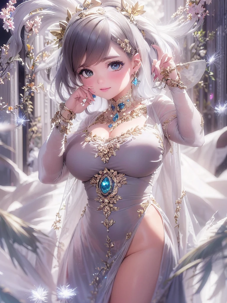 Mature Woman, Looking at the audience, Attractive breasts,Sensual curves、bubble、Full Body Shot,Nightgown, Charming smile, Thick lips, plump唇, blush, Looking at the audience, Provocative expression, Beautiful Hairstyles, Cleavage, plump、Curvy Hips、Attractive face、Mischievous face、Sexy Lingerie、An inviting gaze、Expressing emotions、colored feather, Money属装飾品, particle, Light, (masterpiece, highest quality, highest quality, Official Art, beautifully、aesthetic:1.2), (1 girl:1.3), Very detailed,(Fractal Art:1.1),(colorful:1.1)(flowerズ:1.3),Most detailed, (Dynamic pose), (Shiny skin), (Many colors :1.4), ,(Earrings:1.4), (feather:1.4),masterpiece,Mr.々Hair style,Moneyのヘッドバンド,Tulle covers the chest,Perfect balance, Detailed details of the garment,marble,cinematicLighting, Film Grain, contrast of Light and dark,High detail,(((Gorgeous Accessories))))、Openwork decoration,(((See-through dress)))、(((Anatomically correct body))) ,1 girl, (High resolution), (8k), (Very detailed), Perfect Face, Beautiful eyes and face, (((highest quality))), (Very detailed), Detailed face and eyes, Beautiful Eyes,(((Sexy pose))),Beautiful Eyes、Transparent double eyelids、(((Super gorgeous background)))、Bright Eyes,Money,diamond,gem,Body Chain,Luxury Accessories,beautifully、aesthetic,flower、(((Super gorgeous background)))、Bright Eyes
