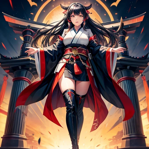 A black-haired woman wearing a shrine maiden outfit with slits in the legs Revolver-type handgun 1.5 Thigh-high boots