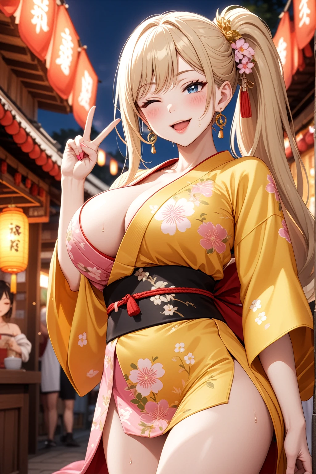 ((One woman)), Beautiful Face,Stick your tongue out,((Wink:2.0)),,(peace sign),Become bright red,Sweat on the face,Glossy pink lips,night,Shrine festival stalls, ((Anime style background)),masterpiece, highest quality, so beautiful, up to date, Complex details, (Pink long nails),AI-generated, Complex,High resolution, highest quality, super high quality,3D Images、View the viewers、3D Images,one person,Long Blonde Hair,High Ponytail,blue eyes,Anime woman posing for a photo, [[Fine grain、Colorful eyes、Shining Eyes:1.15]],(Squint your eyes:1.1),a hyperRealistic , hyperRealistic , Realistic,Blonde anime woman with long hair, Smooth anime CG art, A woman in a colorful kimono with gold embroidery, (Yellow kimono),Pink floral pattern,Long flower hair ornament,Big earrings,(Large Breasts:1.2),Mature Body,tall,Big Ass,Fine details,Narrow waist,Six-pack,Shooting from below,looking at the camera